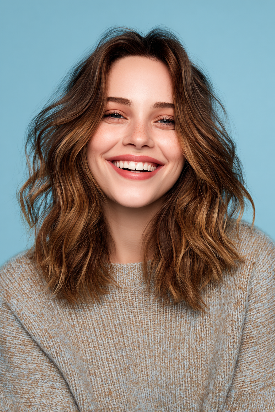 26. Free-Flowing Shoulder Waves in Balayage Brunette (Wavy Shoulder Length Hairstyles) - Wavy Shoulder Length Hairstyles