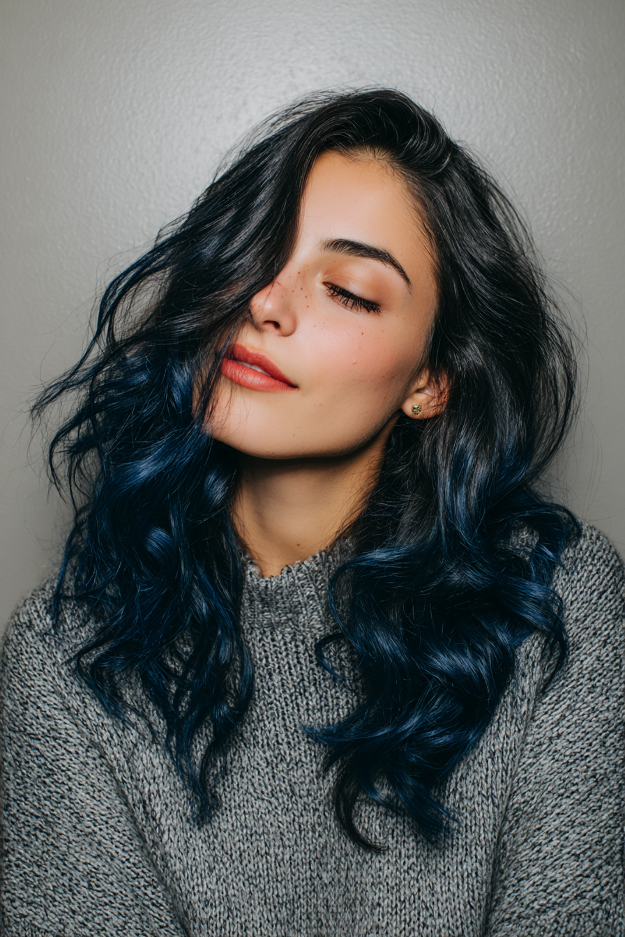 27. Glossy Shoulder Waves with Midnight Blue Tint (Wavy Shoulder Length Hairstyles) - Wavy Shoulder Length Hairstyles