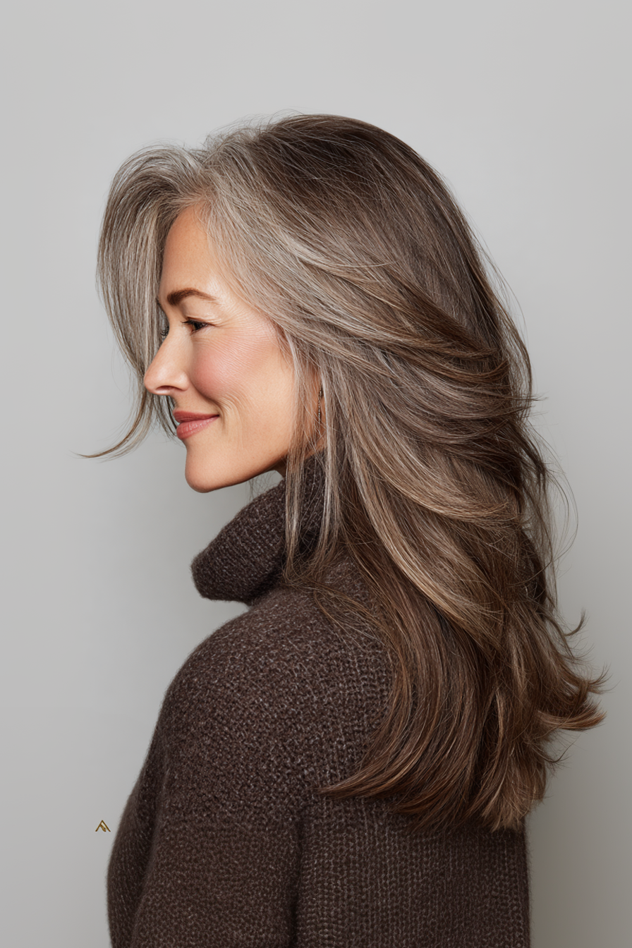 4. Misty Ash Brown Feather-Fall (Longer Haircuts For Older Women) - Longer Haircuts For Older Women