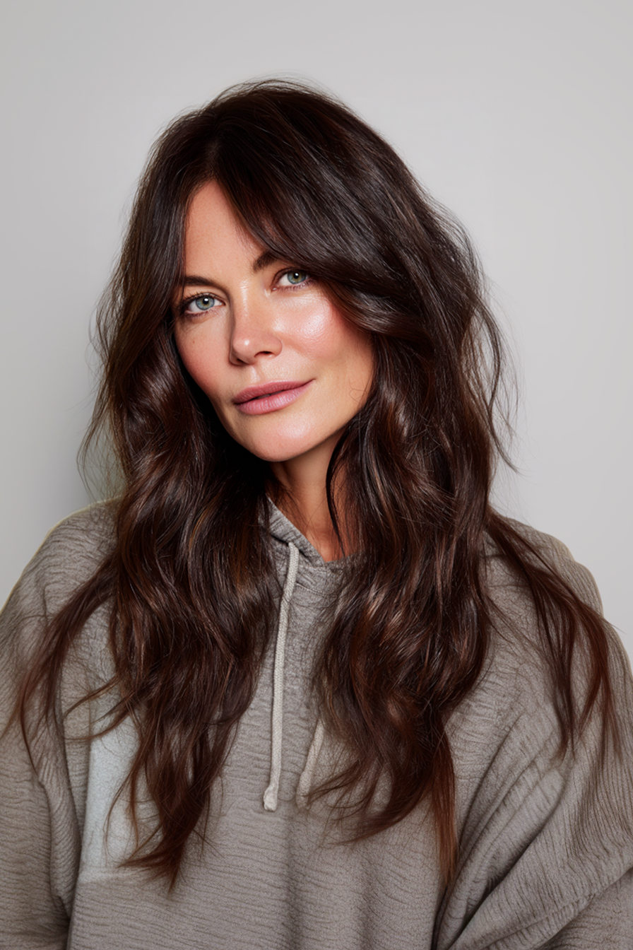 10. Midnight Brown Glossed Length (Longer Haircuts For Older Women) - Longer Haircuts For Older Women