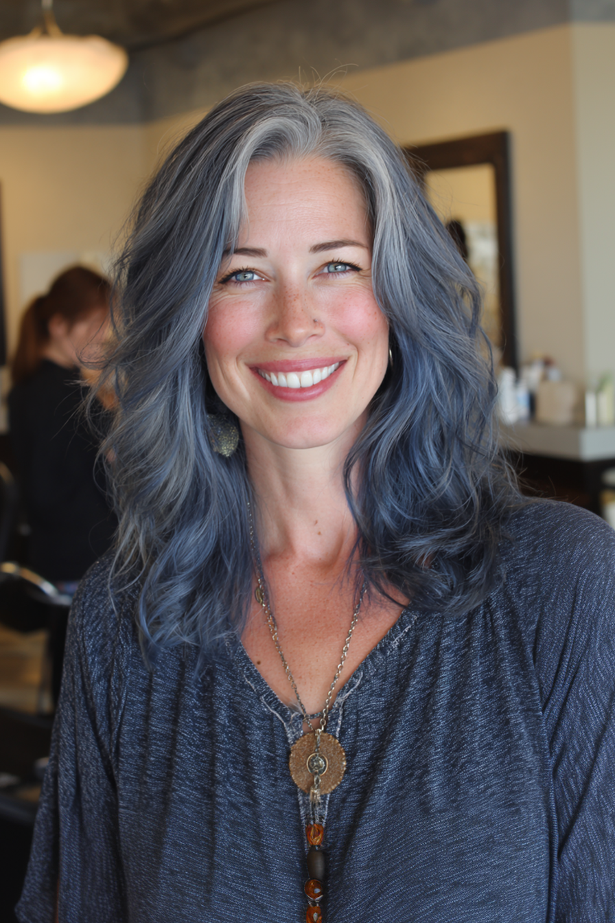13. Smoky Slate Blue Tapered Flow (Longer Haircuts For Older Women) - Longer Haircuts For Older Women
