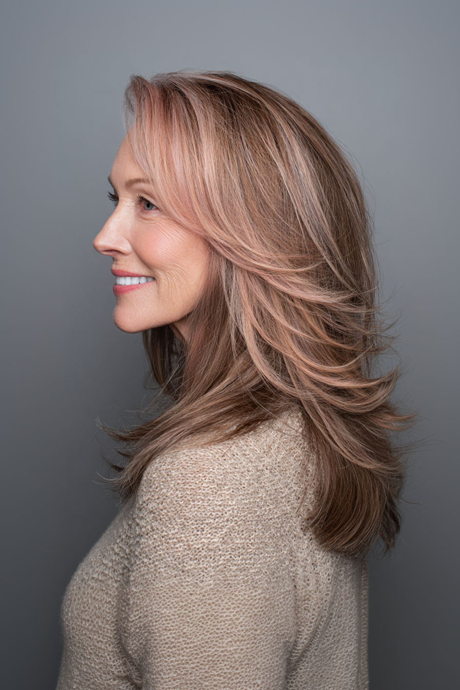 20. Dusty Rose Flowing Layers (Longer Haircuts For Older Women) - Longer Haircuts For Older Women