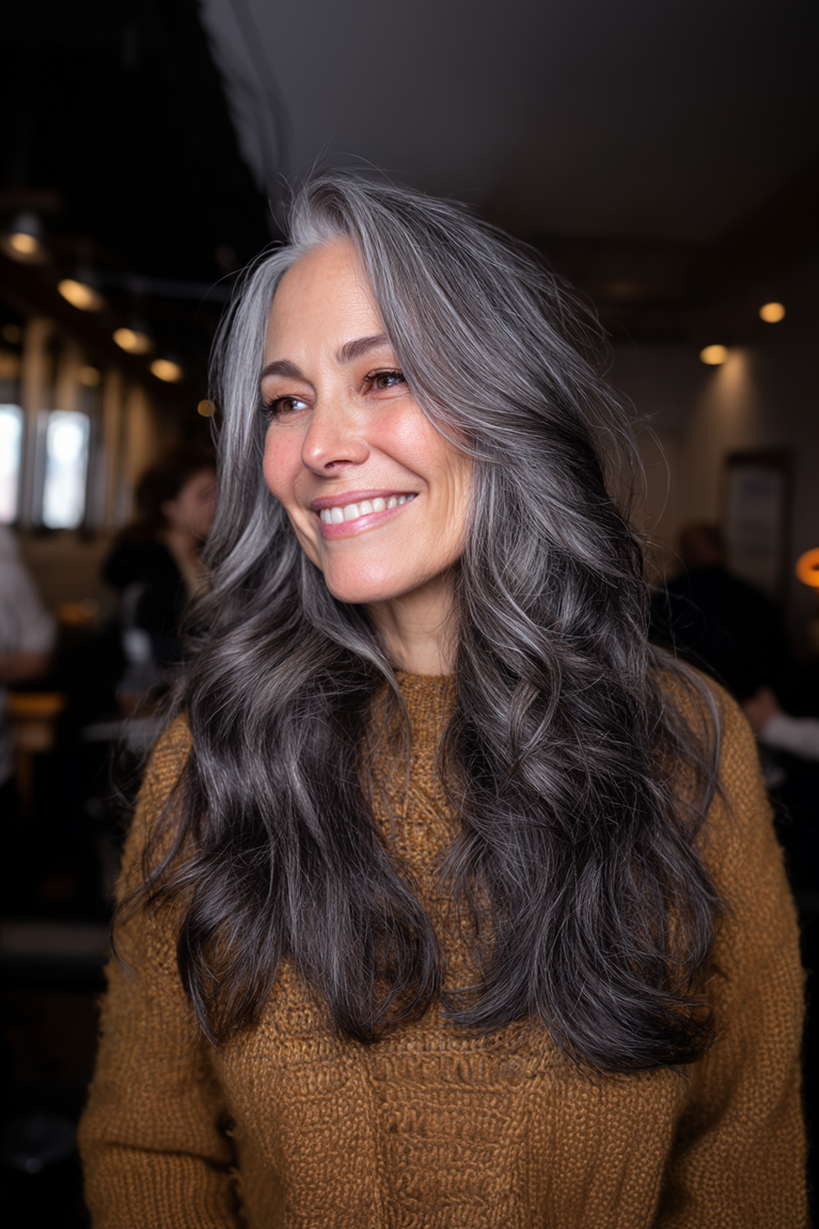 25. Smoky Charcoal Loose Taper (Longer Haircuts For Older Women) - Longer Haircuts For Older Women