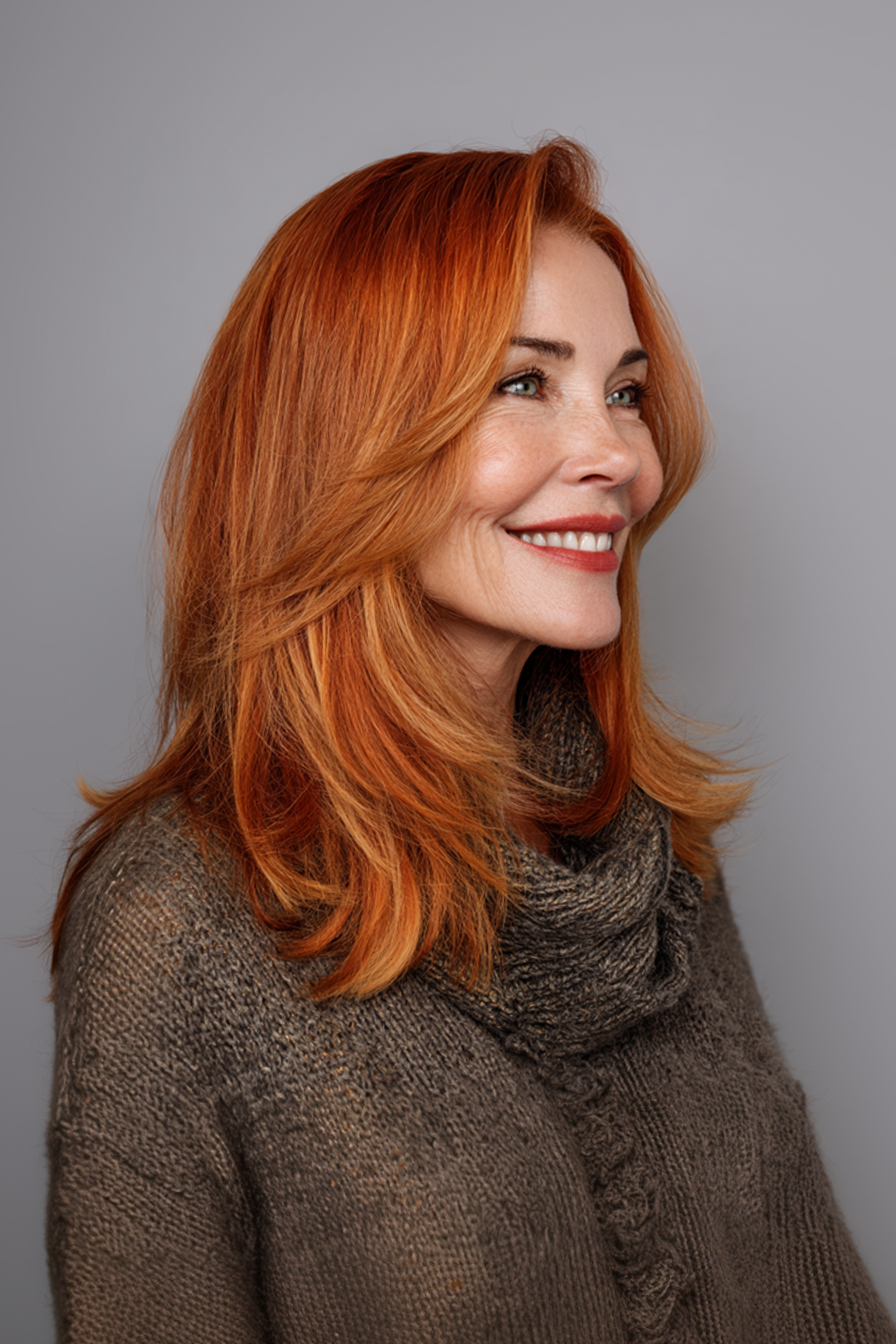 26. Sunlit Copper Streamlined Layers (Longer Haircuts For Older Women) - Longer Haircuts For Older Women