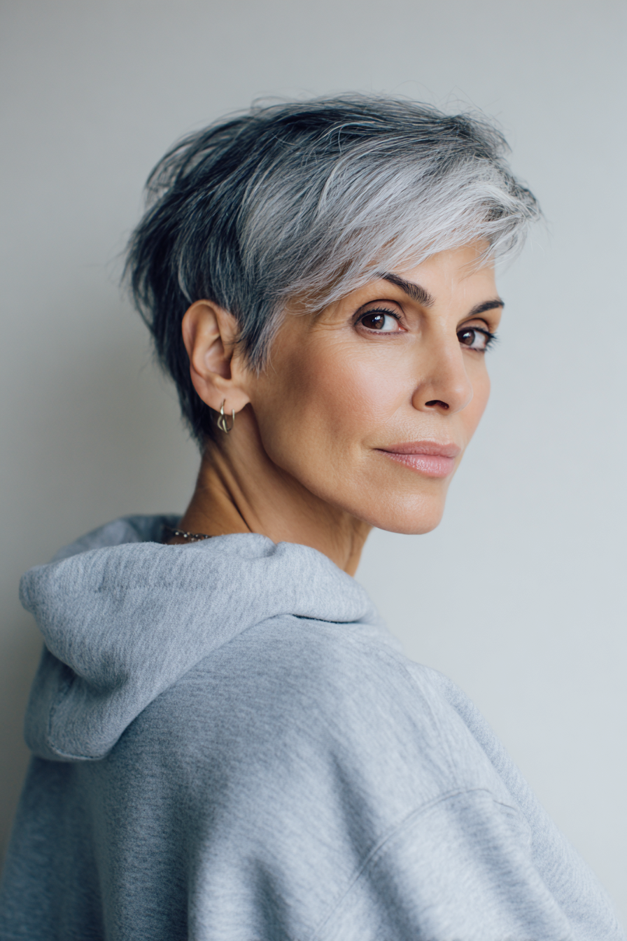 3. Silver Tapered Crop with Side Bangs (Short Easy Hairstyles For Women Over 40) - Short Easy Hairstyles For Women Over 40