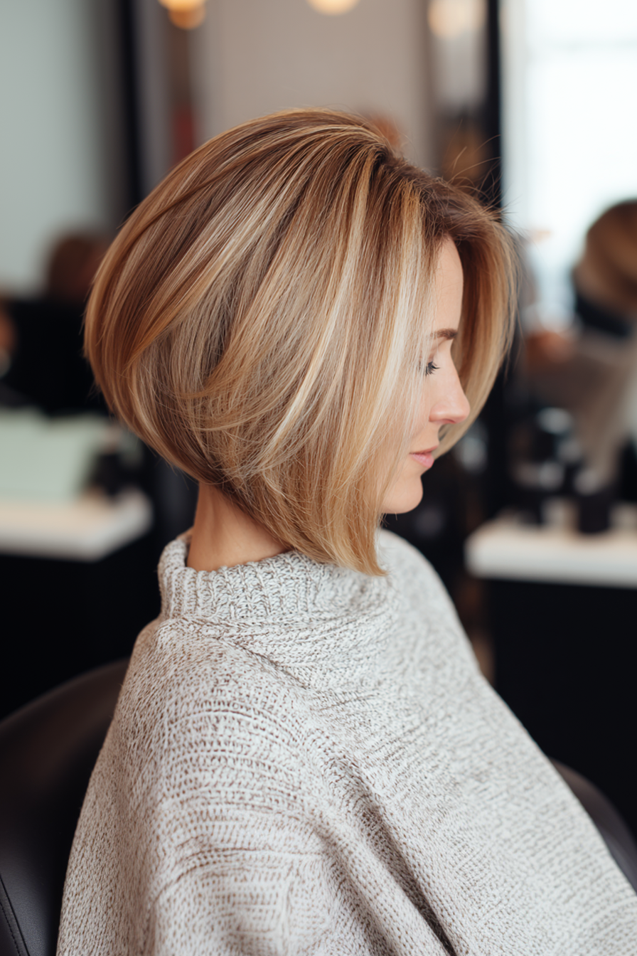 5. Angled Bob with Rooted Blonde Balayage (Short Easy Hairstyles For Women Over 40) - Short Easy Hairstyles For Women Over 40