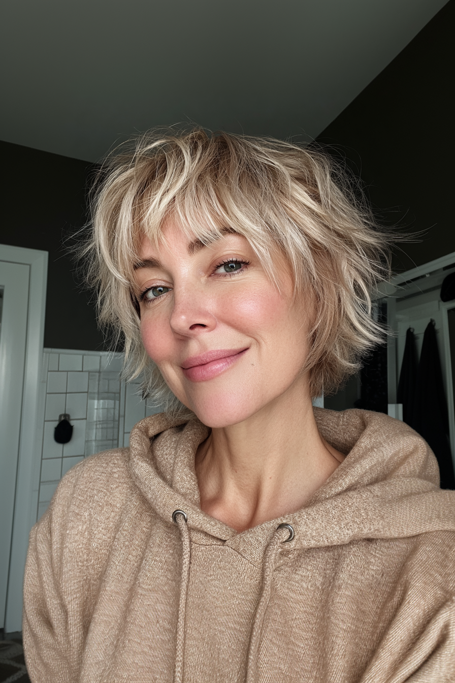 6. Layered Shag Cut in Sandy Beige (Short Easy Hairstyles For Women Over 40) - Short Easy Hairstyles For Women Over 40