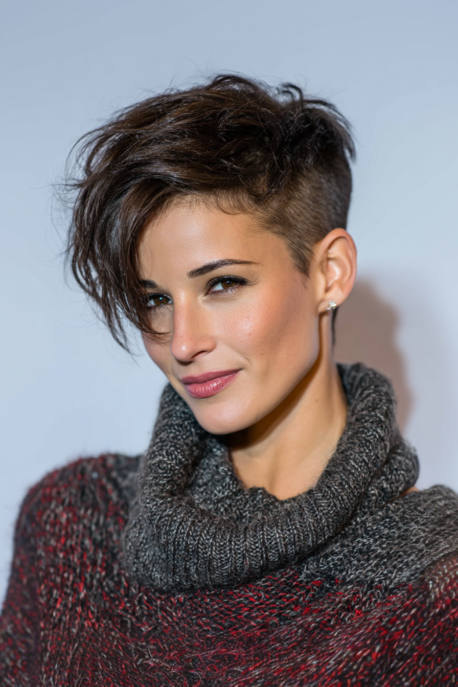 8. Sleek Undercut Pixie in Dark Mocha (Short Easy Hairstyles For Women Over 40) - Short Easy Hairstyles For Women Over 40
