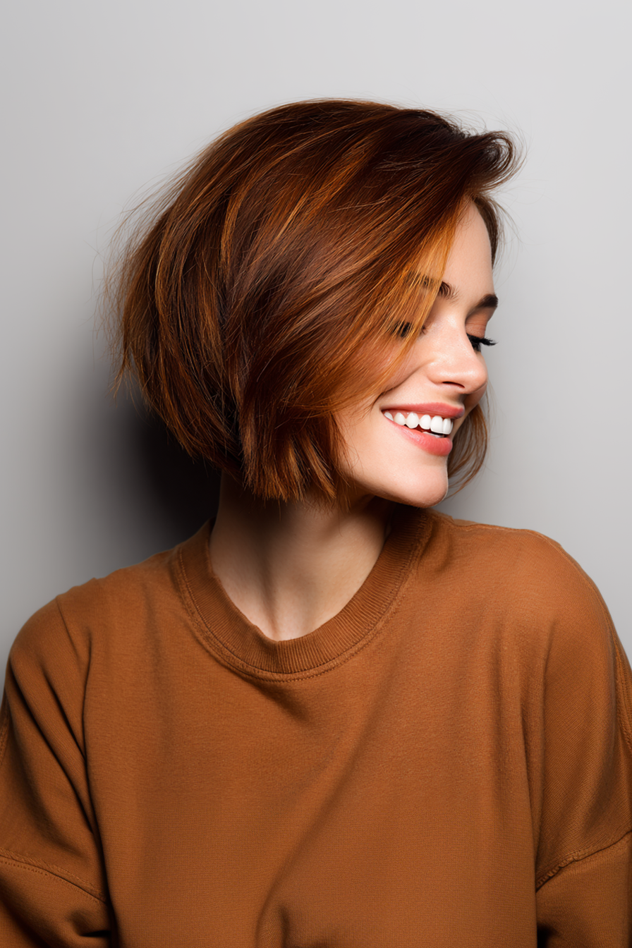 13. Side-Parted Bob with Chestnut and Copper Blend (Short Easy Hairstyles For Women Over 40) - Short Easy Hairstyles For Women Over 40