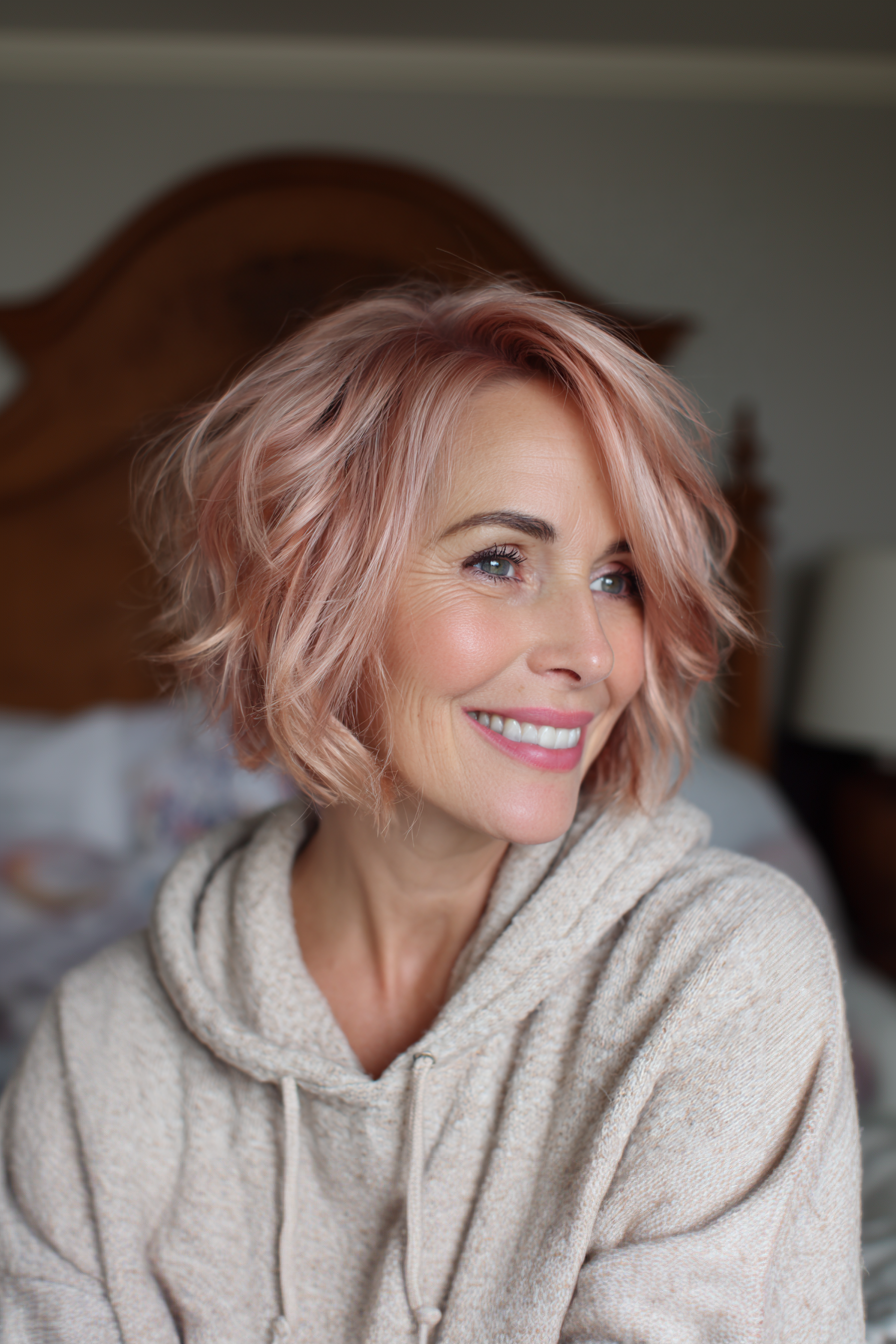 17. Textured Bob in Soft Rose Gold (Short Easy Hairstyles For Women Over 40) - Short Easy Hairstyles For Women Over 40