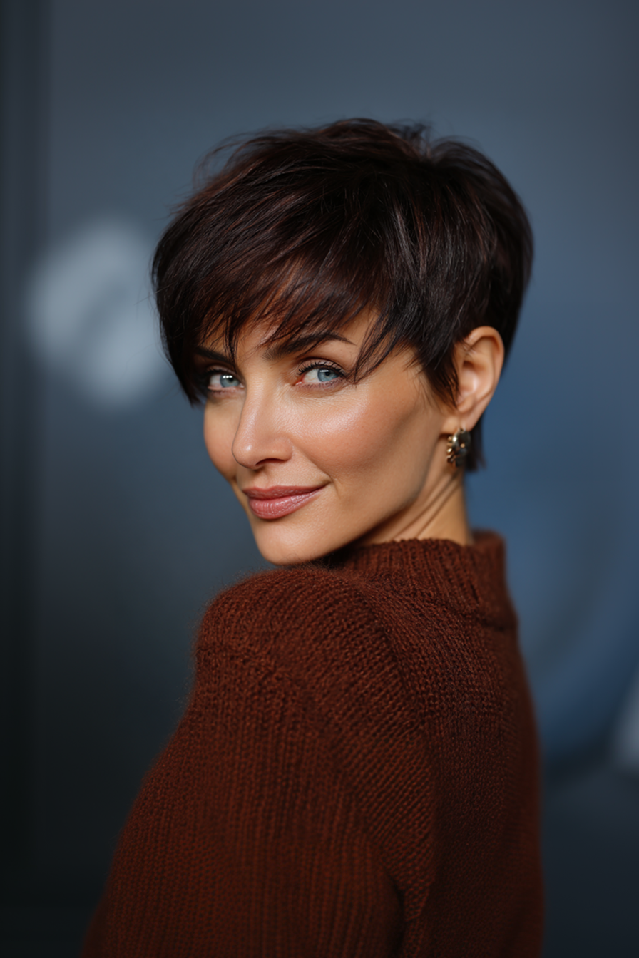 18. Slick Side-Swept Pixie in Espresso Brown (Short Easy Hairstyles For Women Over 40) - Short Easy Hairstyles For Women Over 40
