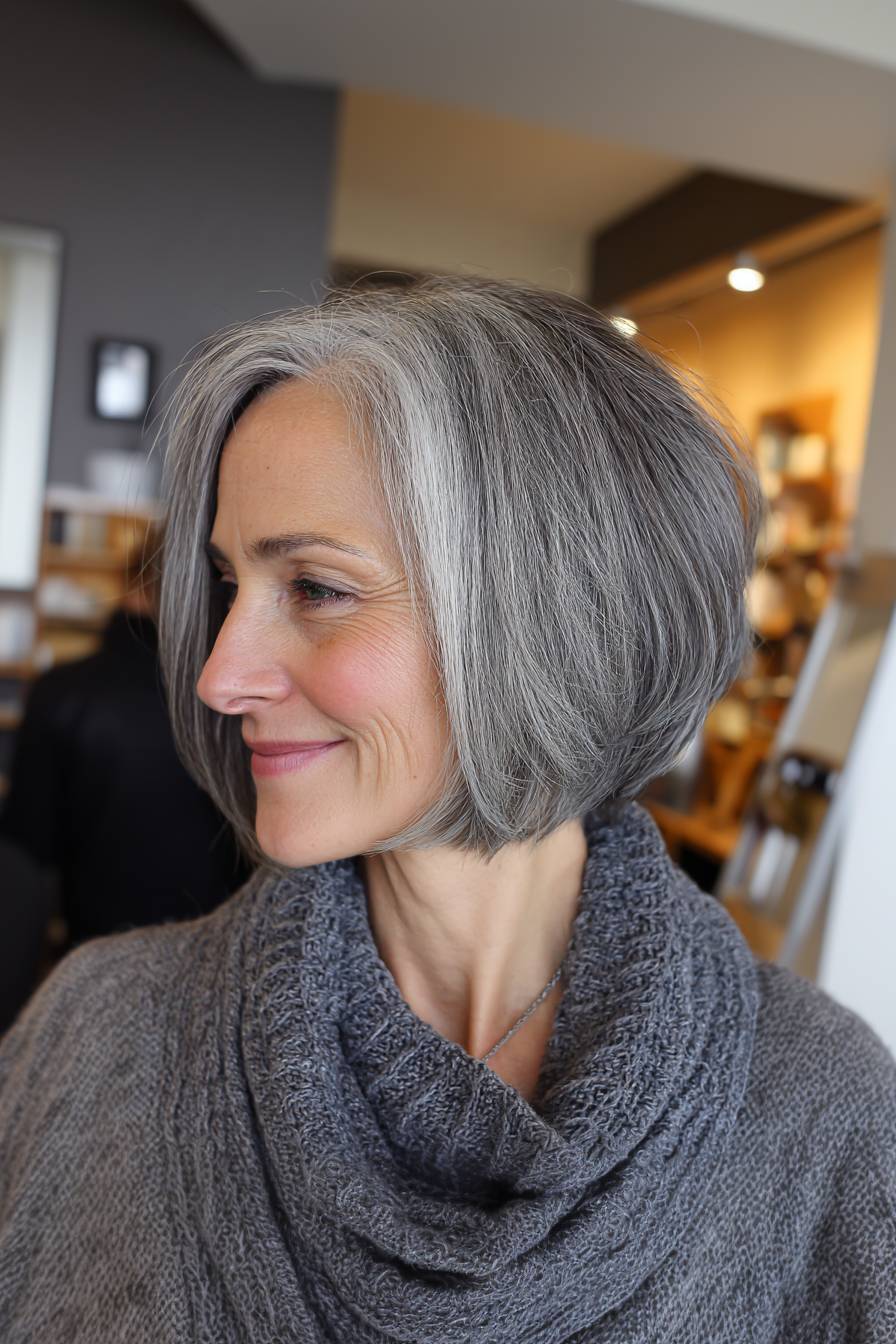 19. Short Inverted Bob with Natural Gray Blend (Short Easy Hairstyles For Women Over 40) - Short Easy Hairstyles For Women Over 40