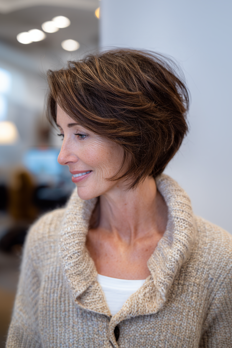 22. Short Sliced Layers in Bronze Brown (Short Easy Hairstyles For Women Over 40) - Short Easy Hairstyles For Women Over 40