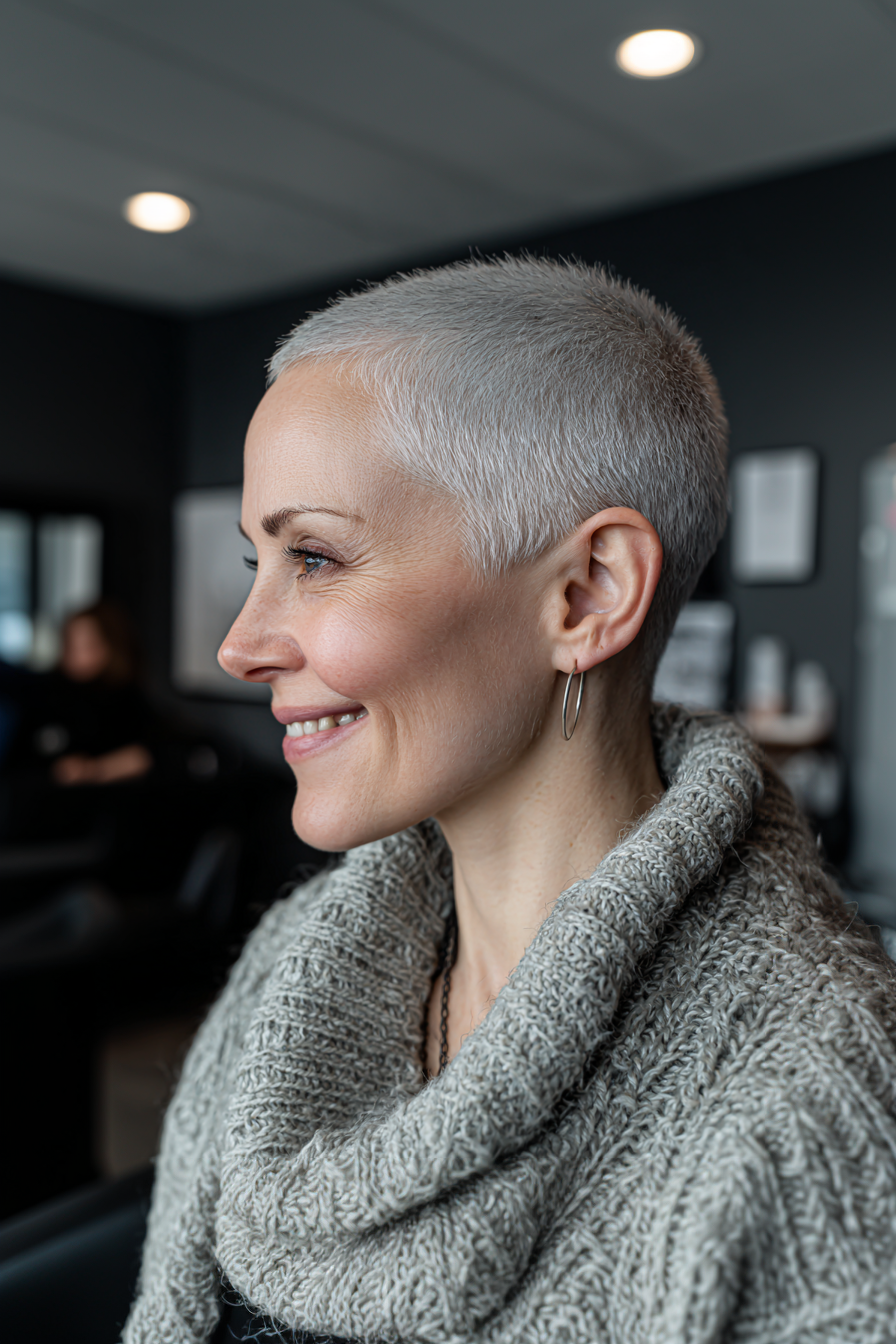 23. Easy Buzz Cut in Platinum Silver (Short Easy Hairstyles For Women Over 40) - Short Easy Hairstyles For Women Over 40