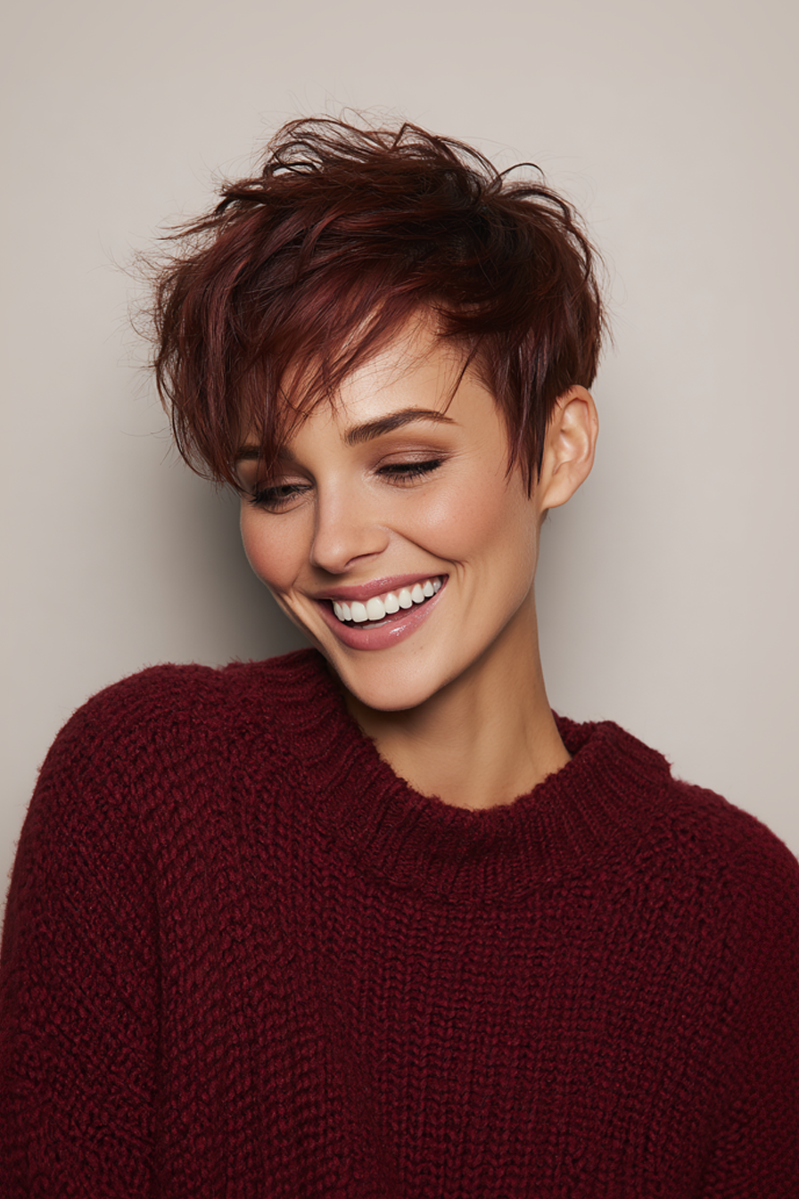 26. Razor Cut Crop in Muted Burgundy (Short Easy Hairstyles For Women Over 40) - Short Easy Hairstyles For Women Over 40