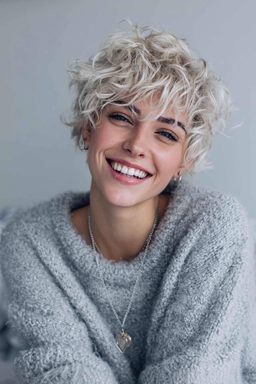 2. Platinum Curly Pixie Shag (Short Shaggy Haircuts For Curly Hair) - Short Shaggy Haircuts For Curly Hair