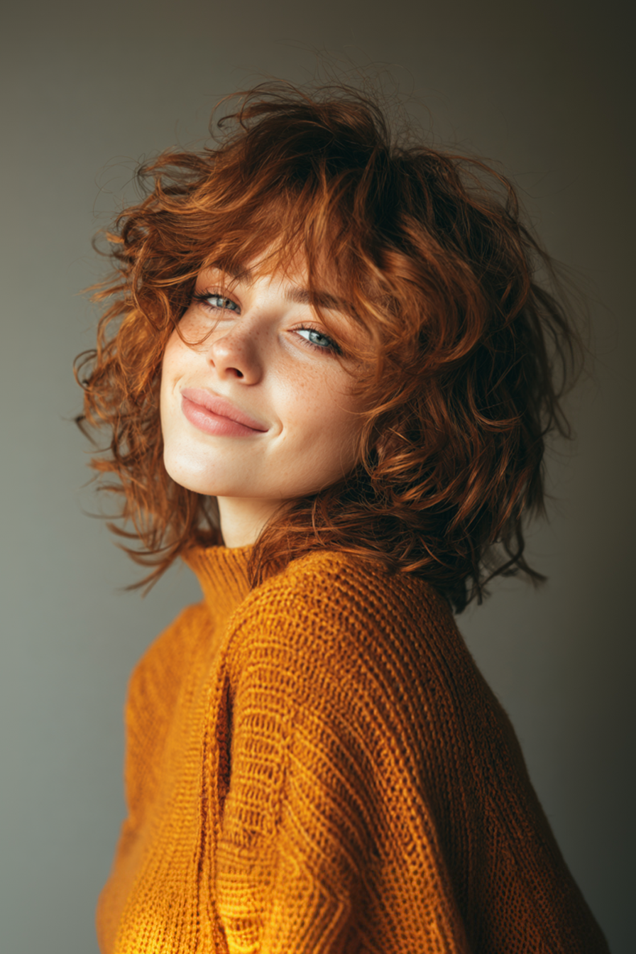 3. Auburn Layered Shag (Short Shaggy Haircuts For Curly Hair) - Short Shaggy Haircuts For Curly Hair