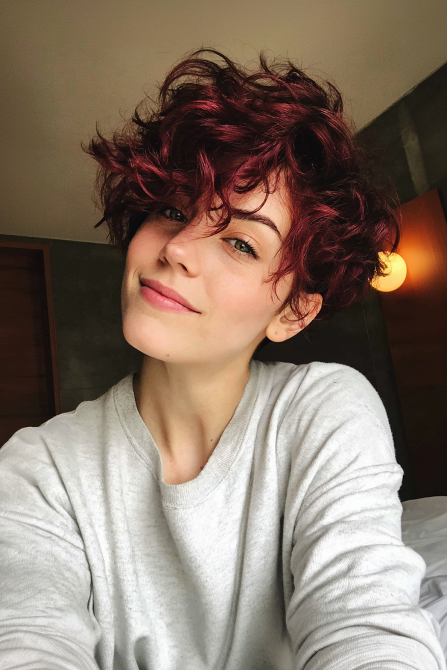 7. Burgundy Tousled Shag (Short Shaggy Haircuts For Curly Hair) - Short Shaggy Haircuts For Curly Hair
