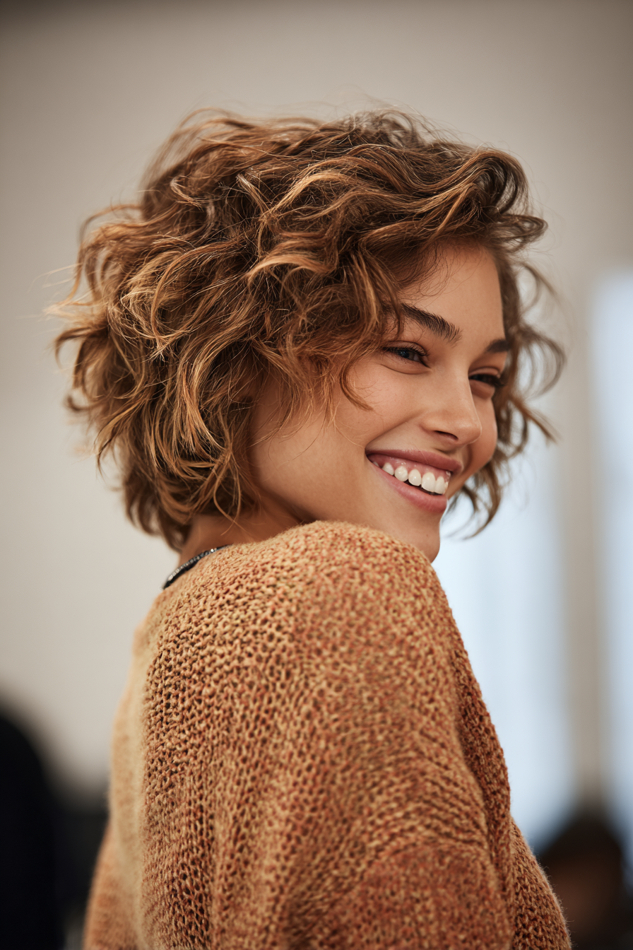 8. Caramel Highlight Shag Bob (Short Shaggy Haircuts For Curly Hair) - Short Shaggy Haircuts For Curly Hair