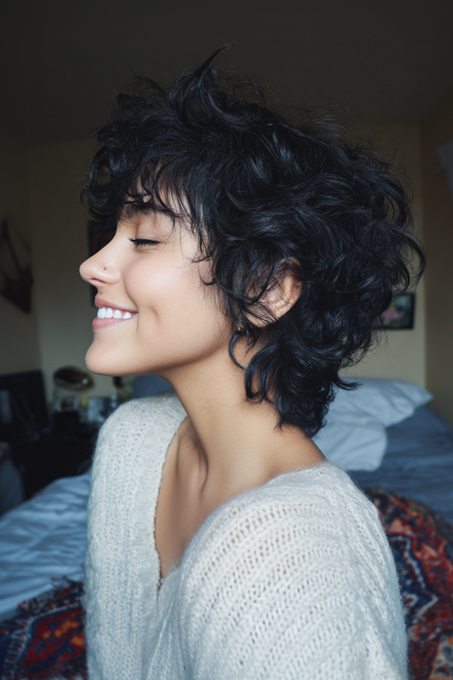 9. Jet Black Curly Wolf Shag (Short Shaggy Haircuts For Curly Hair) - Short Shaggy Haircuts For Curly Hair