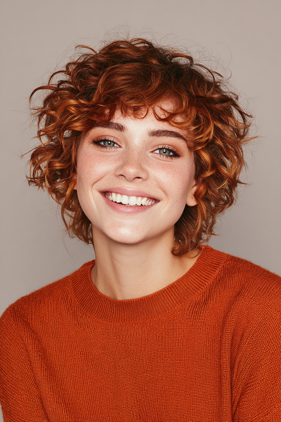 14. Short Curly Shag with Copper Balayage (Short Shaggy Haircuts For Curly Hair) - Short Shaggy Haircuts For Curly Hair