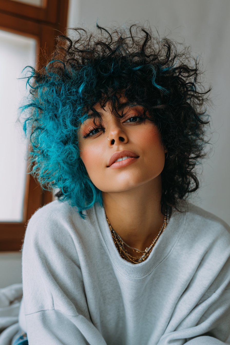 21. Shaggy Curly Crop with Teal Accents (Short Shaggy Haircuts For Curly Hair) - Short Shaggy Haircuts For Curly Hair