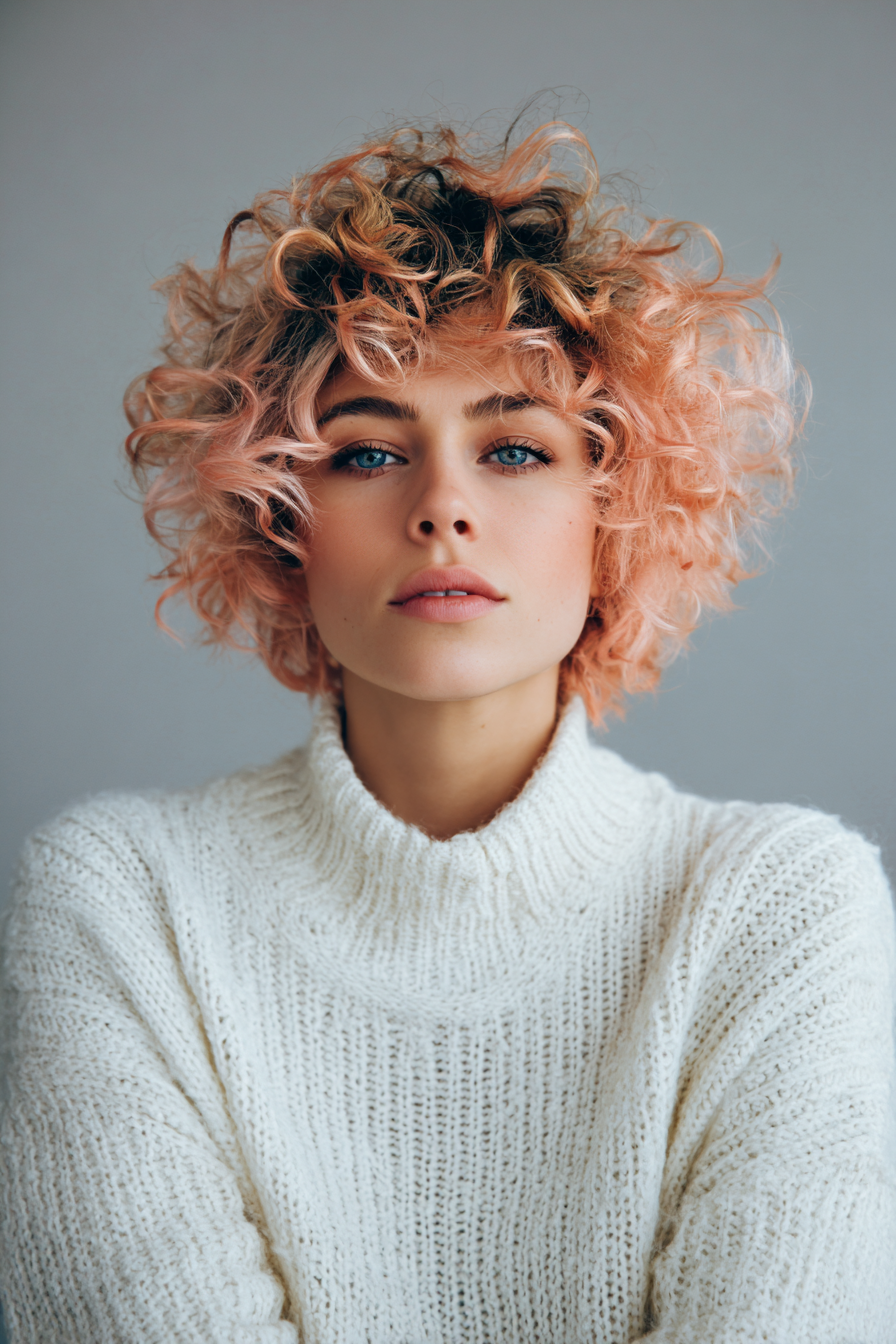 22. Curly Shag with Peach Highlights (Short Shaggy Haircuts For Curly Hair) - Short Shaggy Haircuts For Curly Hair