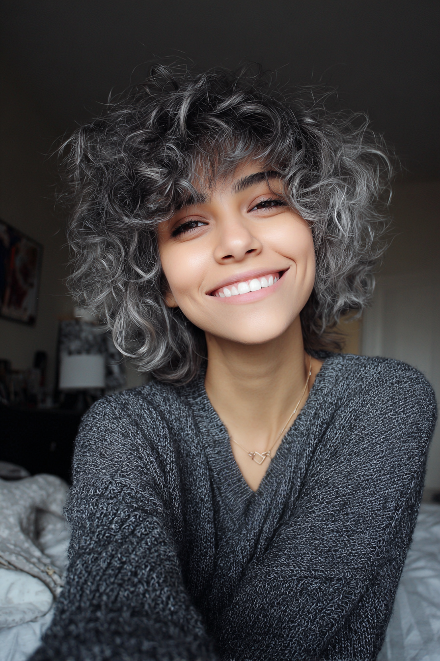 26. Smoky Gray Curly Shag (Short Shaggy Haircuts For Curly Hair) - Short Shaggy Haircuts For Curly Hair