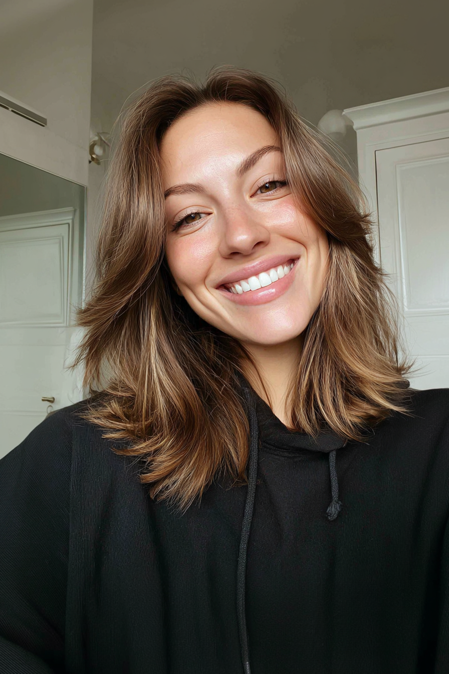 1. Feathered Shoulder Cut with Caramel Balayage (Shoulder Length Layered Hairstyles) - Shoulder Length Layered Hairstyles