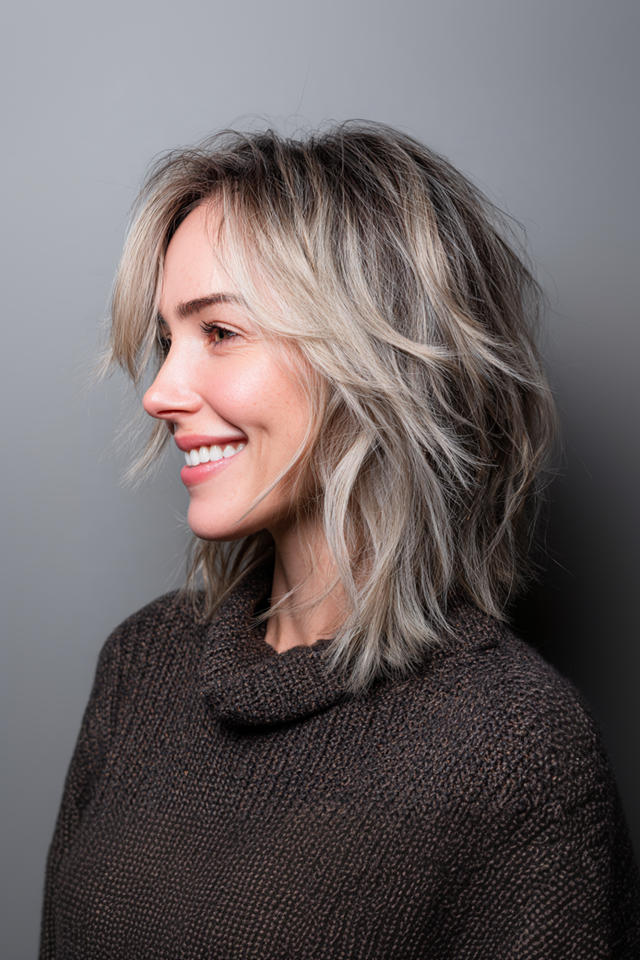 2. Choppy Layers with Ash Blonde Highlights (Shoulder Length Layered Hairstyles) - Shoulder Length Layered Hairstyles