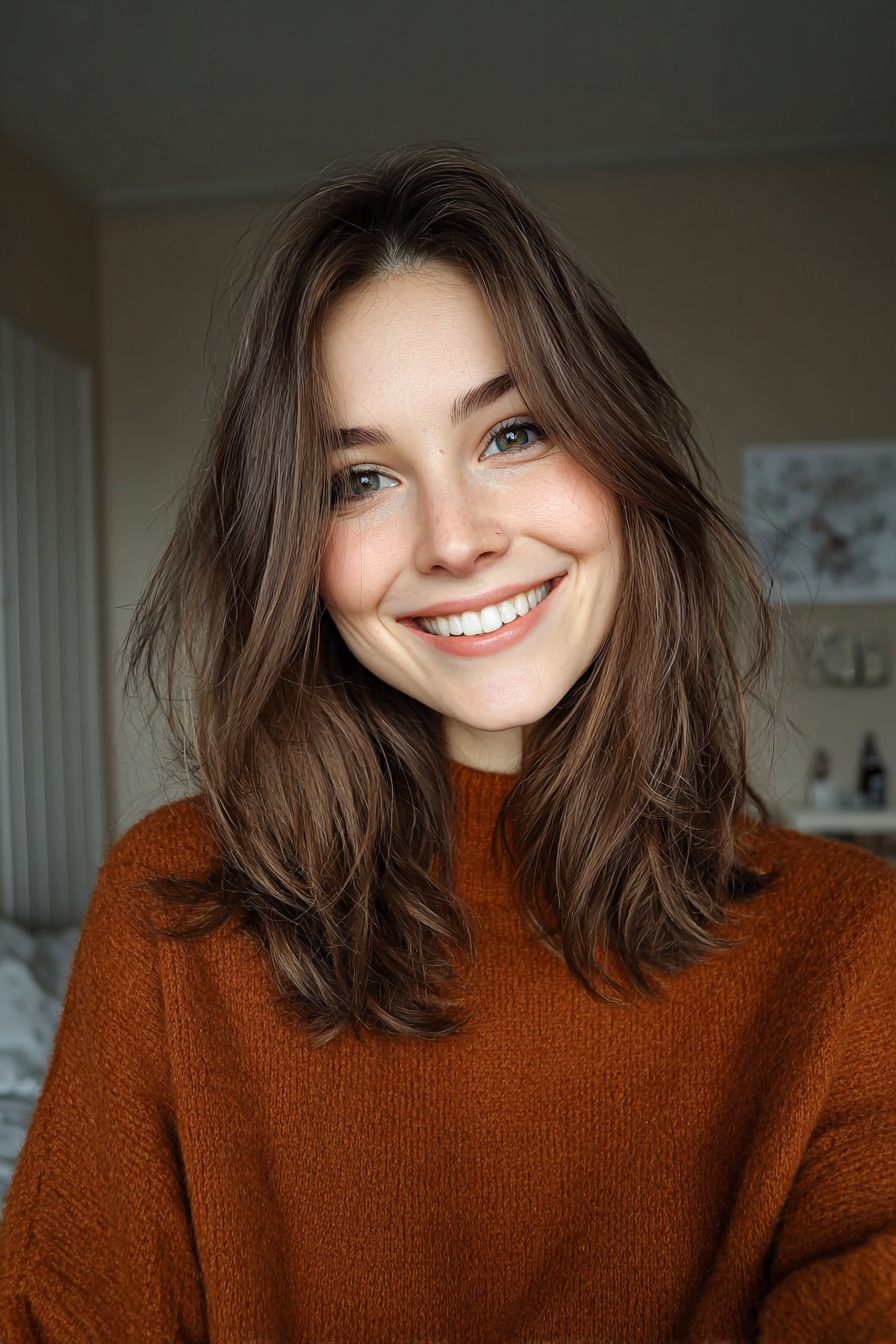 3. Long Face-Framing Layers with Chestnut Gloss (Shoulder Length Layered Hairstyles) - Shoulder Length Layered Hairstyles