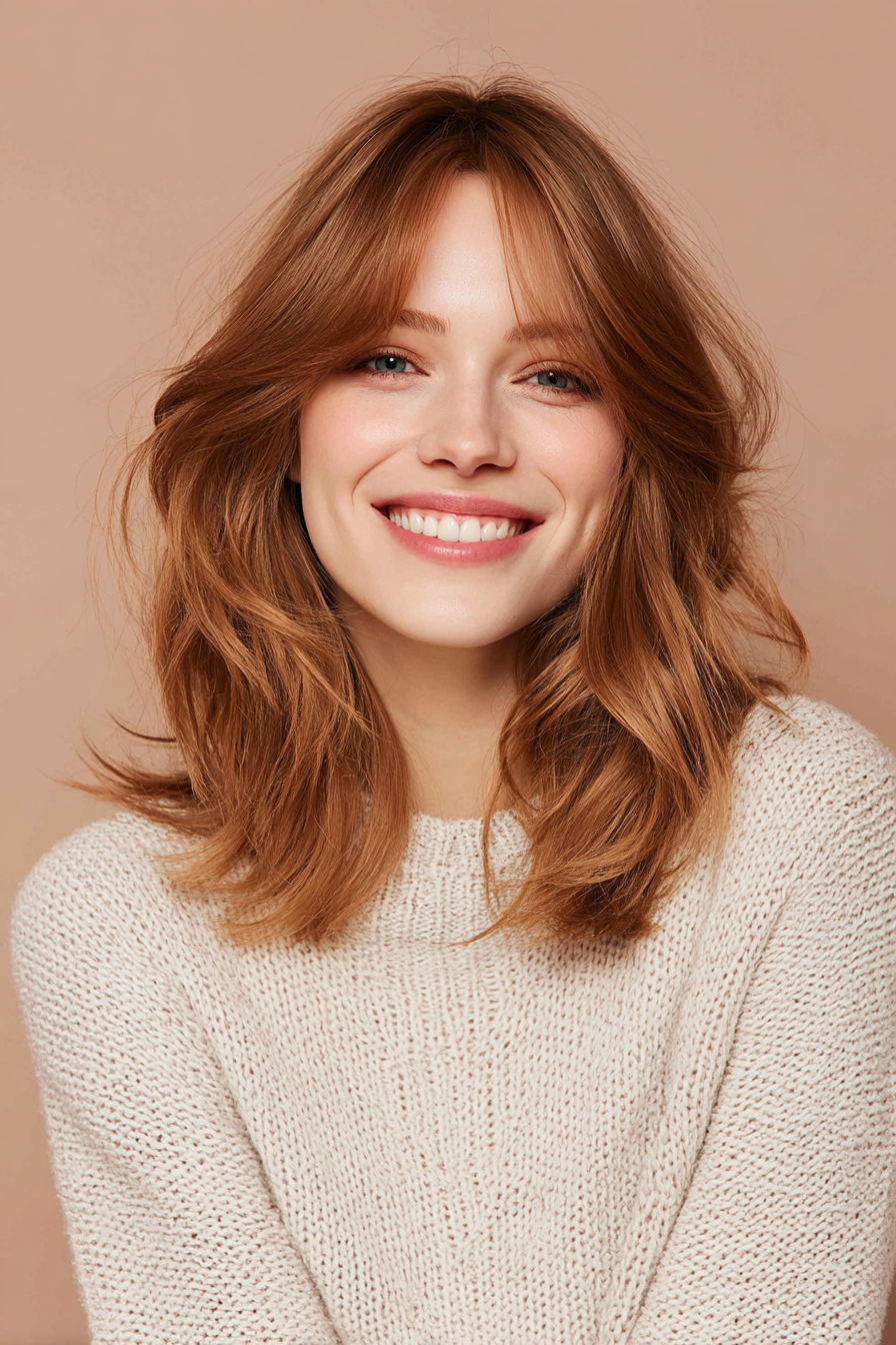 9. Soft Layered Cut with Rose Gold Tint (Shoulder Length Layered Hairstyles) - Shoulder Length Layered Hairstyles