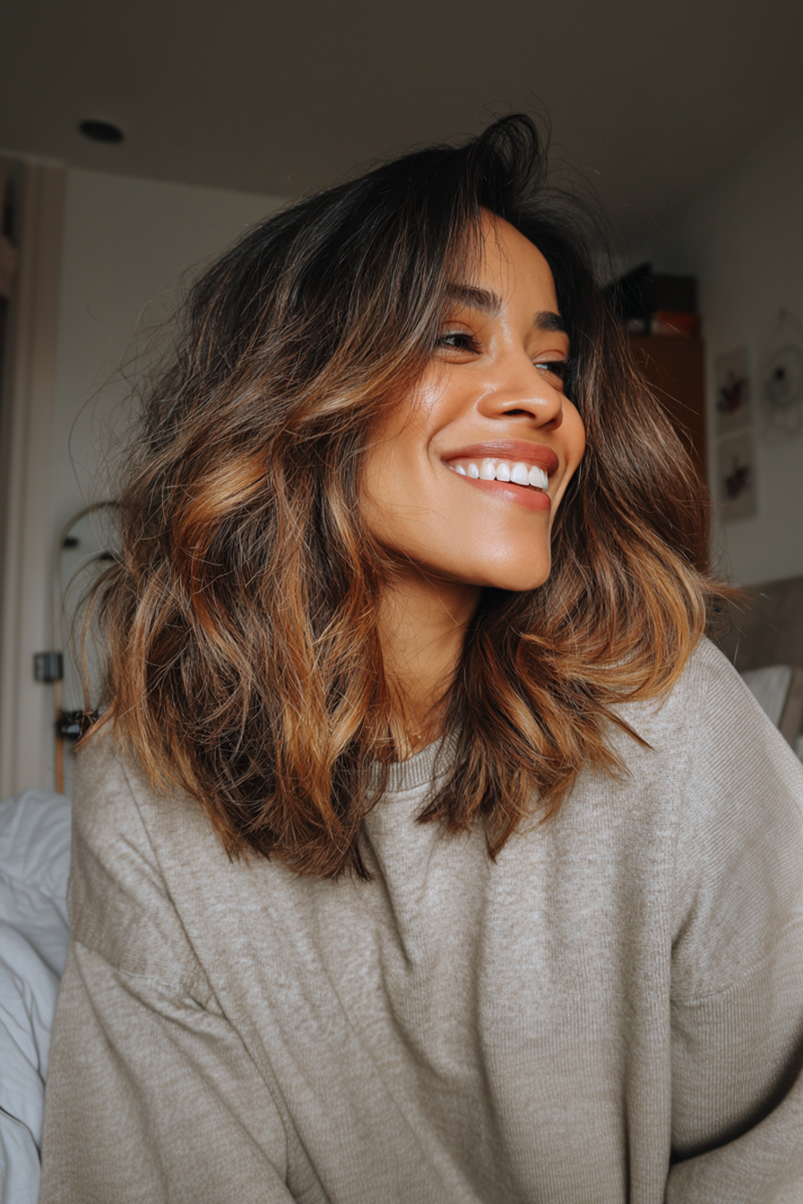 10. Layered Waves with Espresso Roots (Shoulder Length Layered Hairstyles) - Shoulder Length Layered Hairstyles
