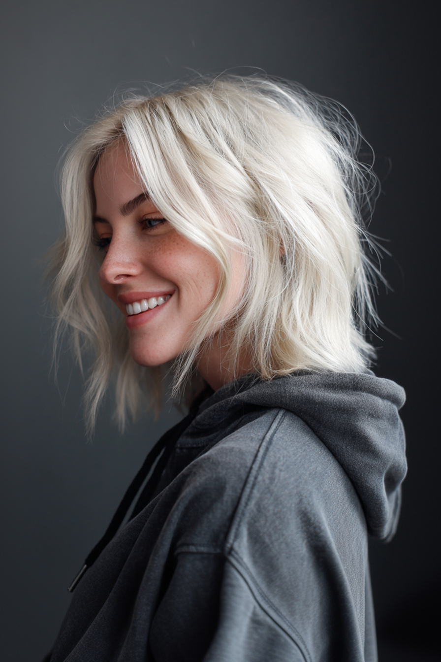 15. Textured Layers with Platinum Money Piece (Shoulder Length Layered Hairstyles) - Shoulder Length Layered Hairstyles