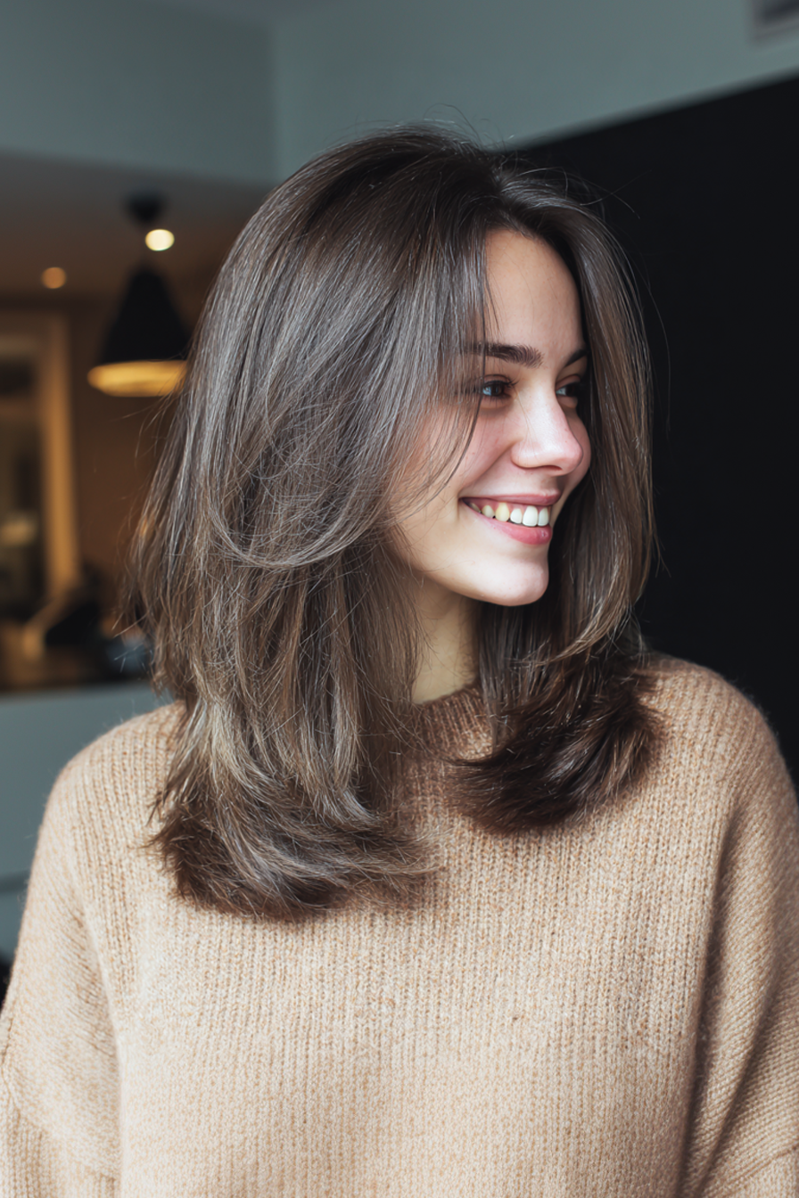 17. Sleek Layered Lob with Smoky Brown Roots (Shoulder Length Layered Hairstyles) - Shoulder Length Layered Hairstyles