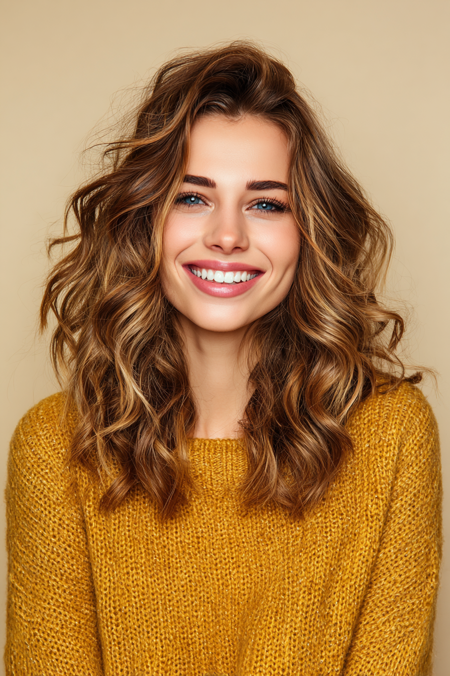 18. Wavy Layers with Toffee Highlights (Shoulder Length Layered Hairstyles) - Shoulder Length Layered Hairstyles