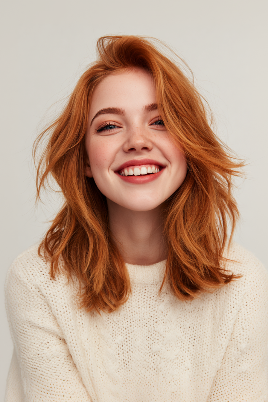 21. Flipped-Out Layers with Strawberry Blonde (Shoulder Length Layered Hairstyles) - Shoulder Length Layered Hairstyles