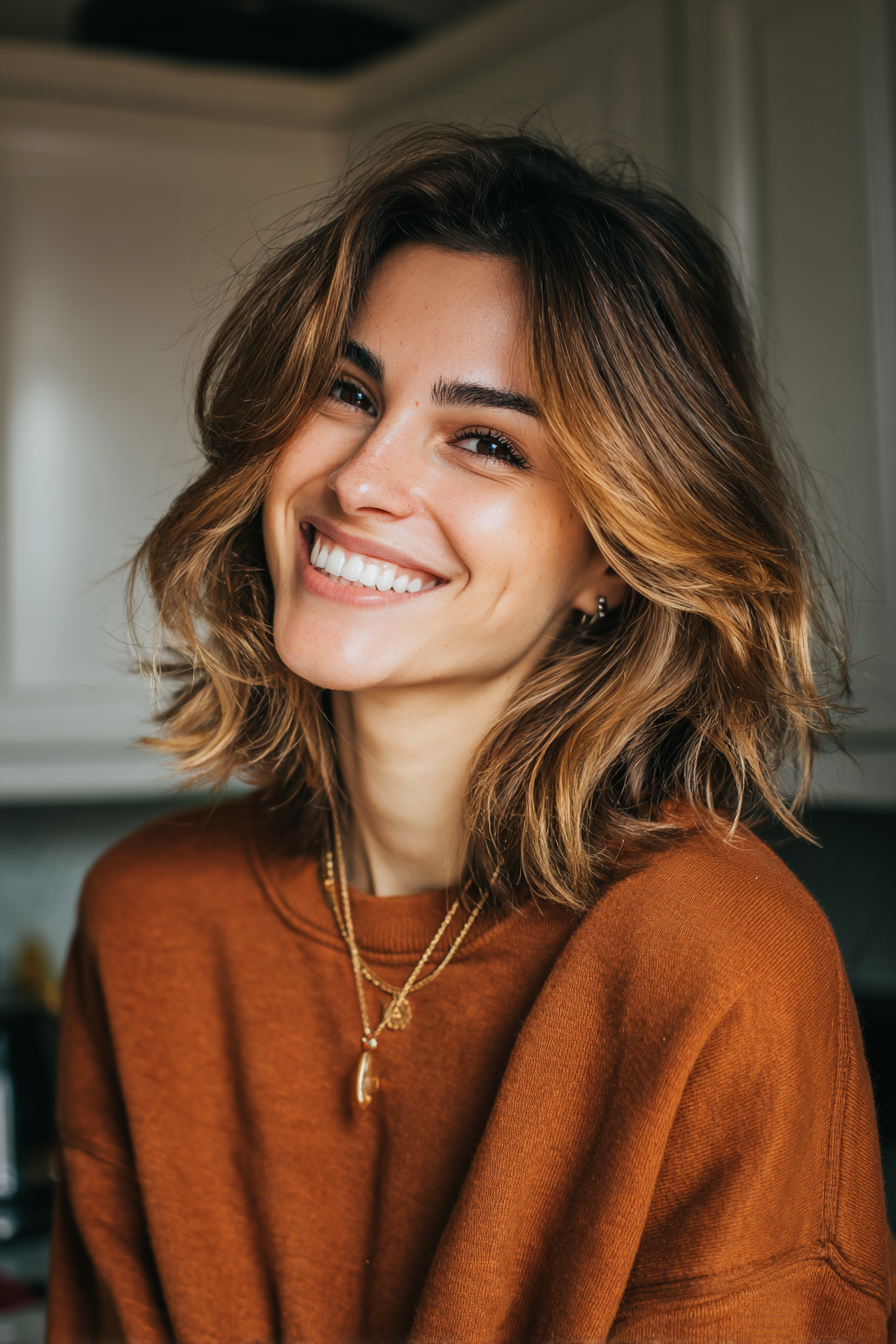 22. Shoulder-Length Cut with Cinnamon Balayage (Shoulder Length Layered Hairstyles) - Shoulder Length Layered Hairstyles