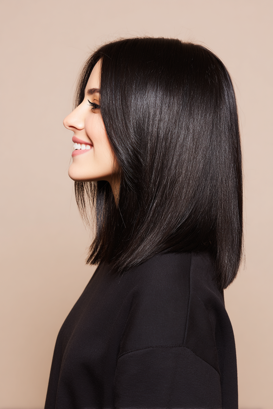 23. Layered Straight Cut with Glossy Jet Black (Shoulder Length Layered Hairstyles) - Shoulder Length Layered Hairstyles
