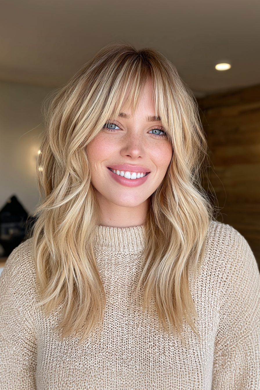 24. Layered Curtain Bangs with Soft Beige Blonde (Shoulder Length Layered Hairstyles) - Shoulder Length Layered Hairstyles