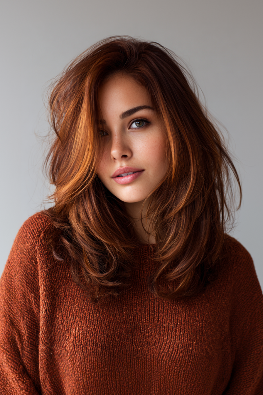 27. Shoulder-Length Layers with Sunlit Copper Balayage (Shoulder Length Layered Hairstyles) - Shoulder Length Layered Hairstyles