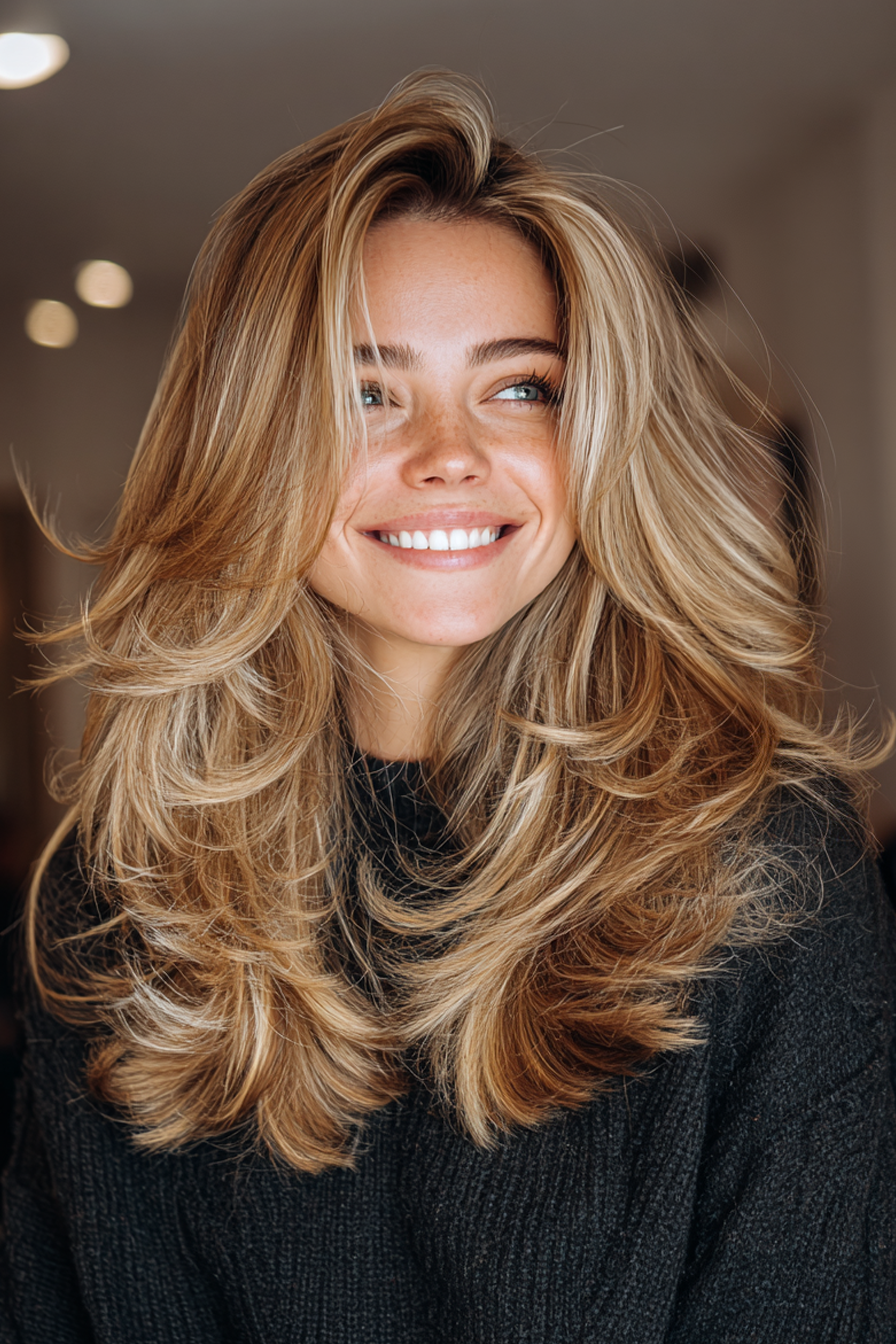 6. Voluminous Layers with Golden Highlights (Layered Hairstyles) - Layered Hairstyles