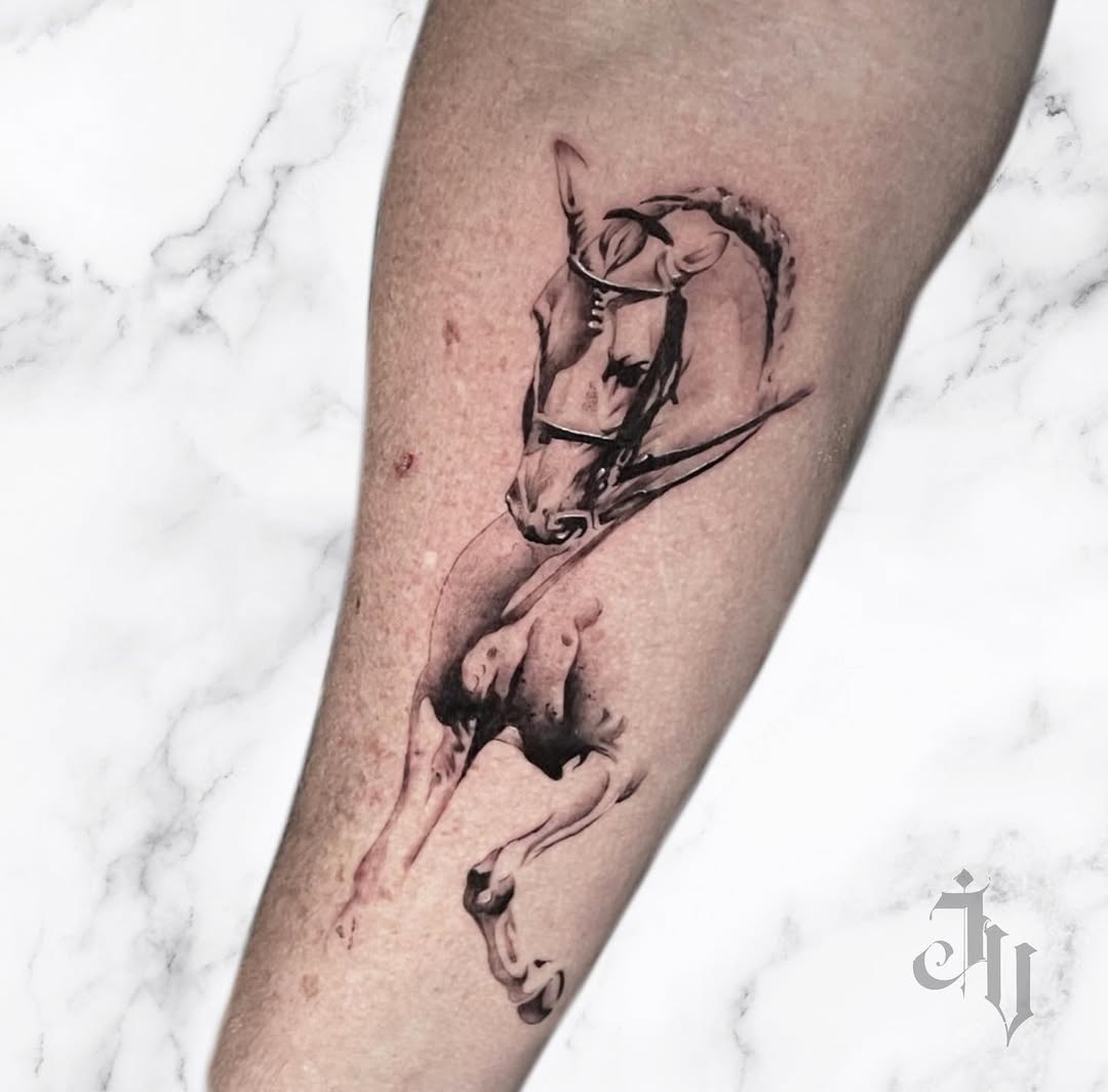 Stunning detailed horse tattoo in motion