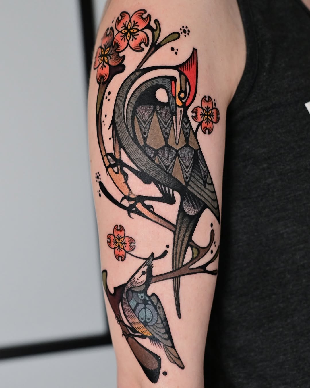 Elegant birds perched on blossoming branches