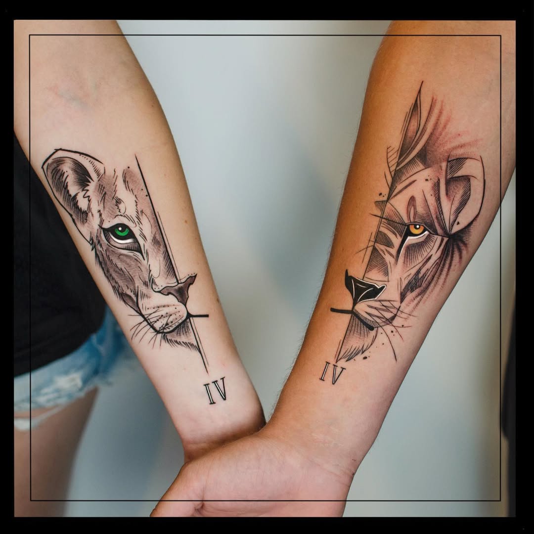 Beautiful father-daughter lion tattoo bond