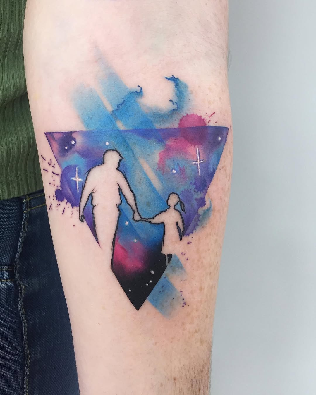 Heartwarming father-daughter silhouette in galaxy design