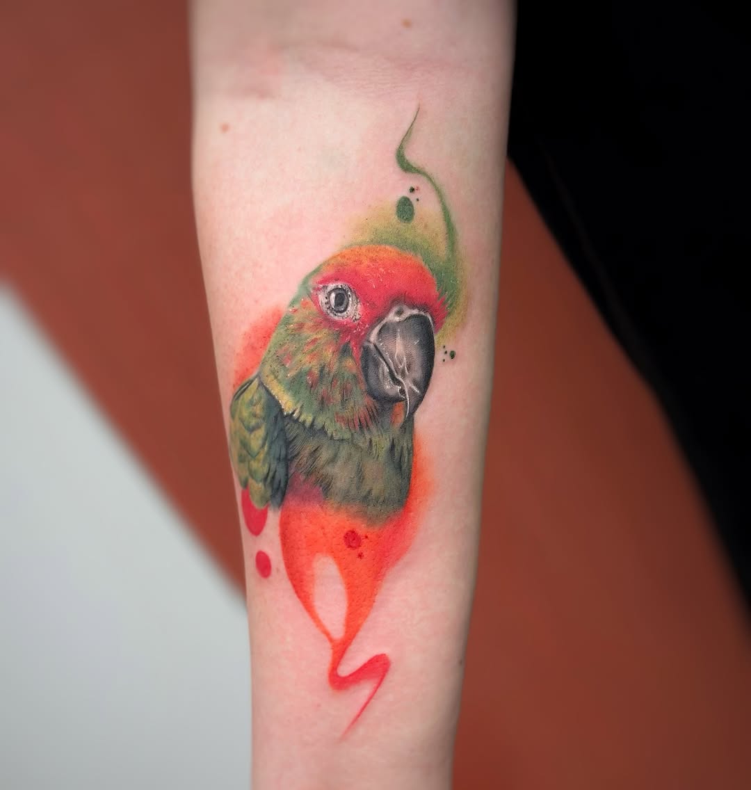 Vibrant parrot tattoo showcasing bold artistry