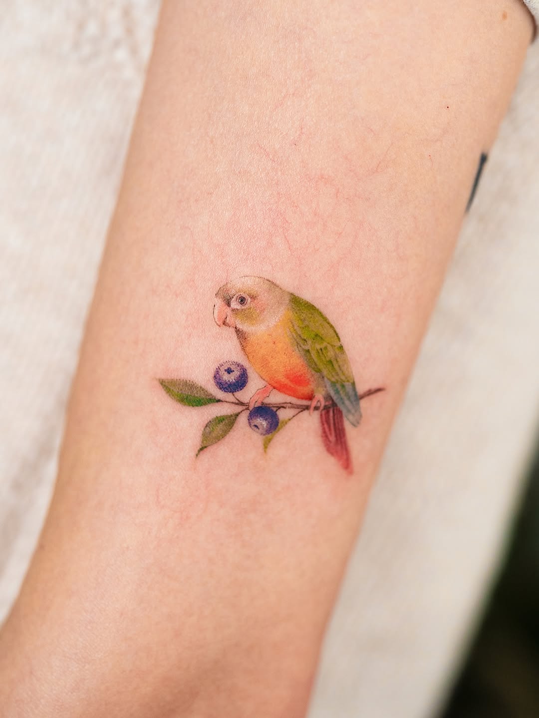 Charming parrot tattoo perched on blueberries