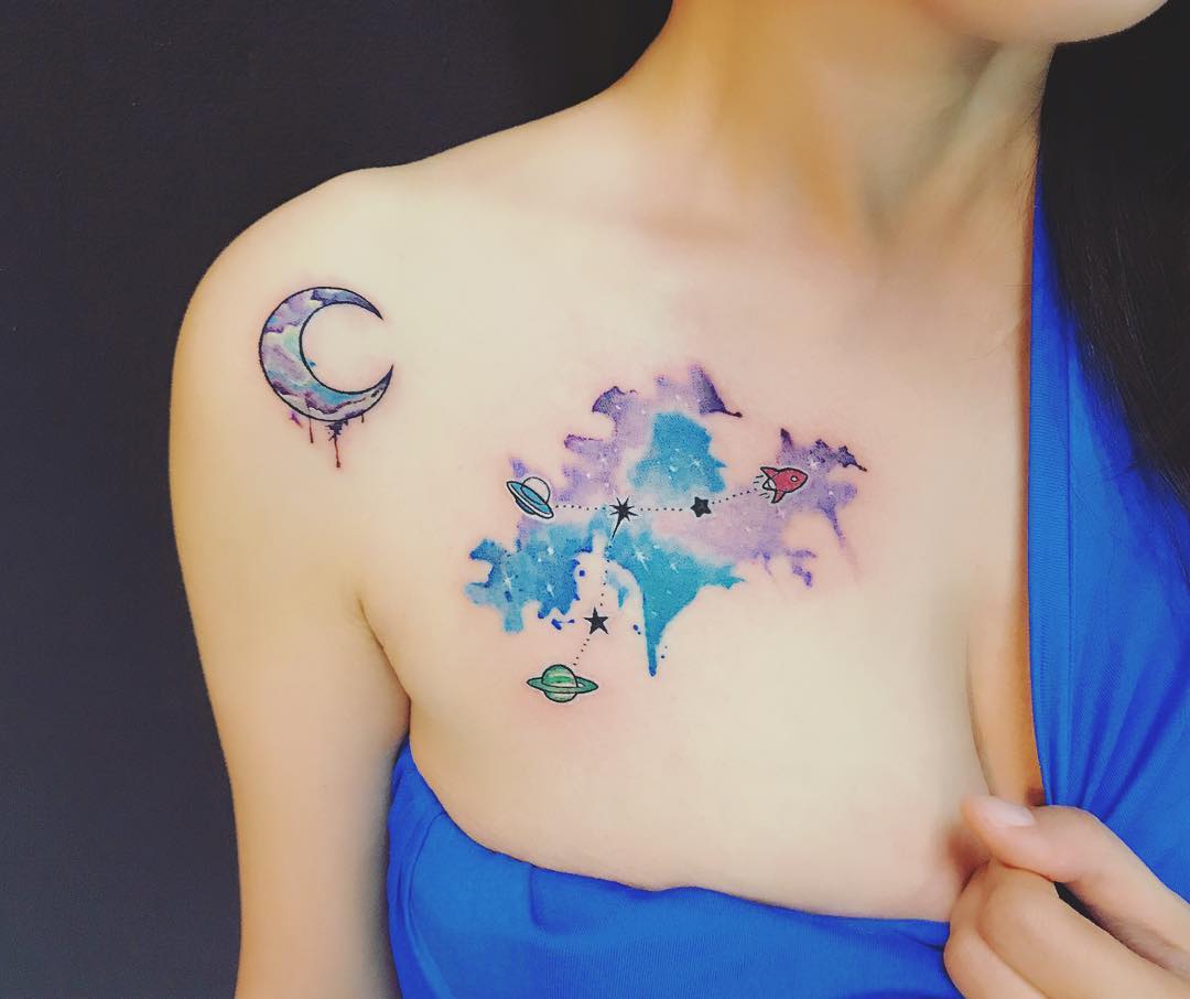 Elegant Cancer Zodiac Tattoo with Cosmic Details