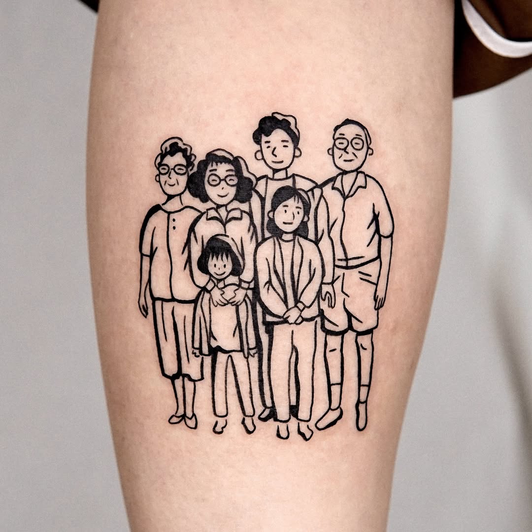 Stylized family portrait tattoo in bold lines